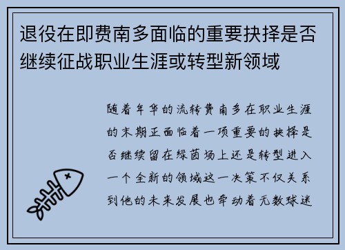 退役在即费南多面临的重要抉择是否继续征战职业生涯或转型新领域